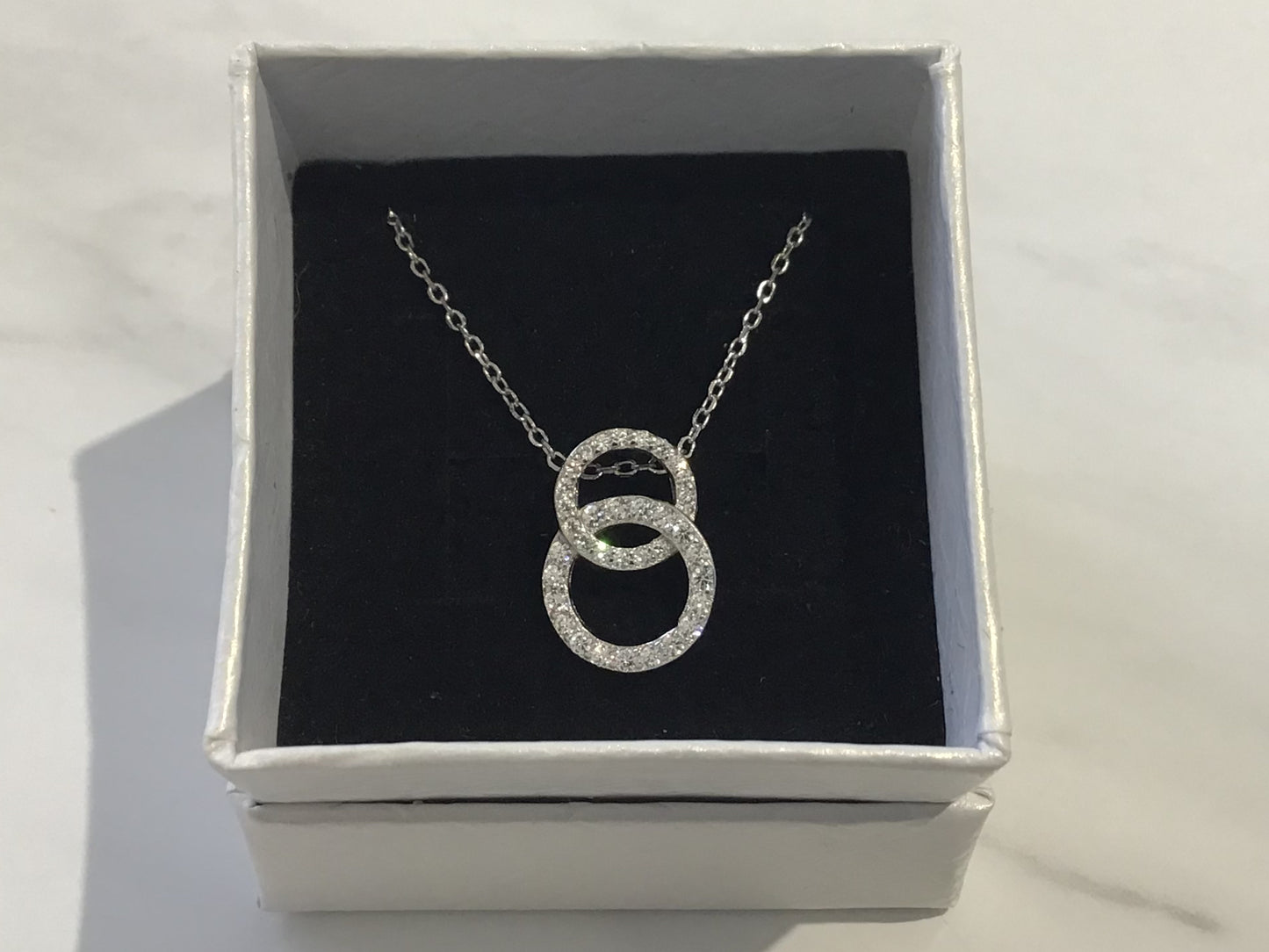 Genuine 925 Sterling Silver Cubic Zirconia Double Ring Pendant with Chain