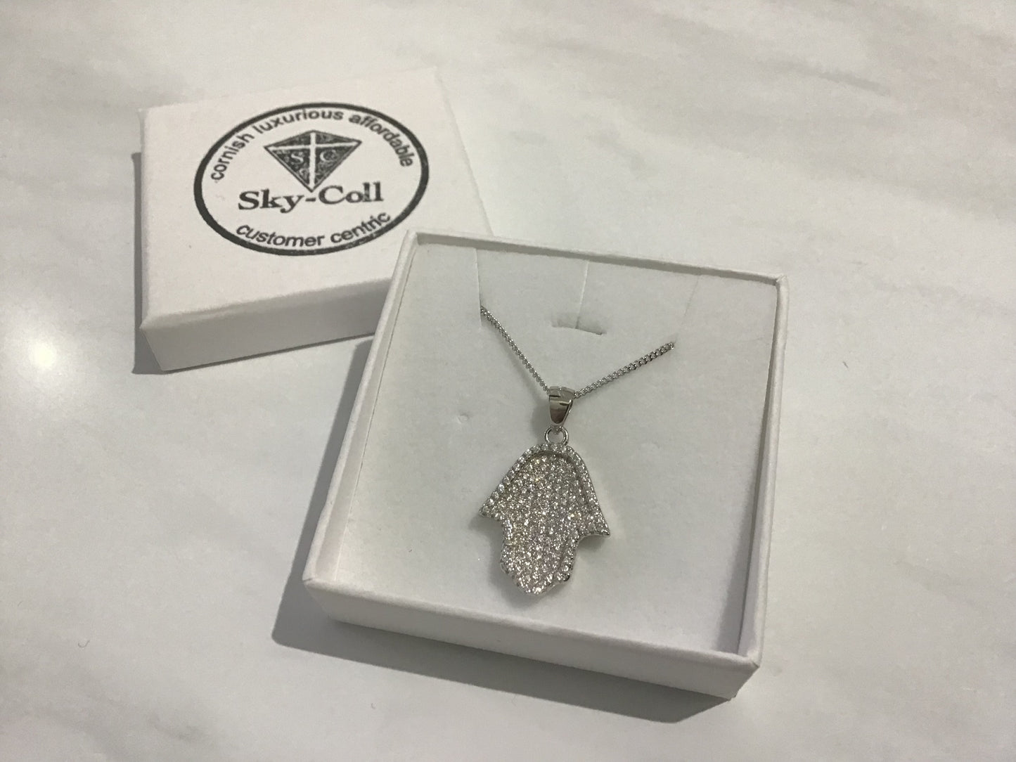 925 Sterling Silver CZ Sparkly Hamsa Hand Pendant with Chain