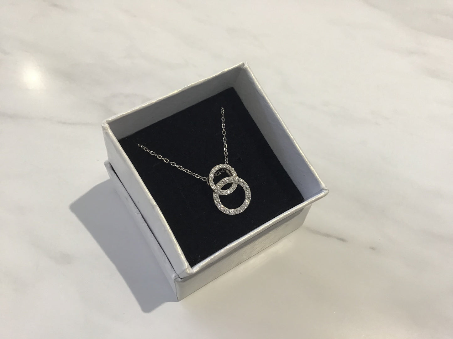 Genuine 925 Sterling Silver Cubic Zirconia Double Ring Pendant with Chain