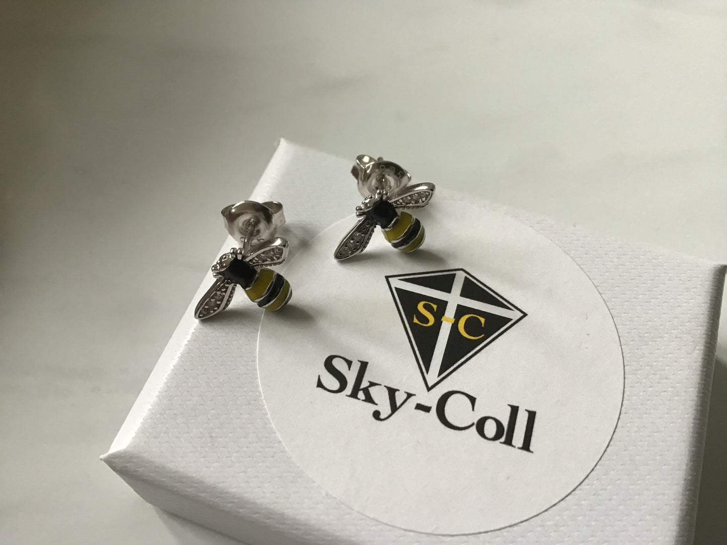 Genuine 925 Sterling Silver CZ & Enamelled Bee Stud Earrings