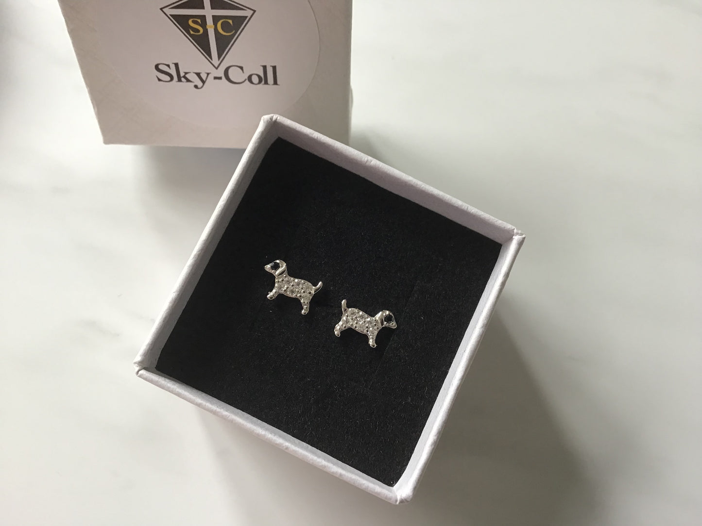 Genuine 925 Sterling Silver Pair of Dog Earrings with Sparkly CZ