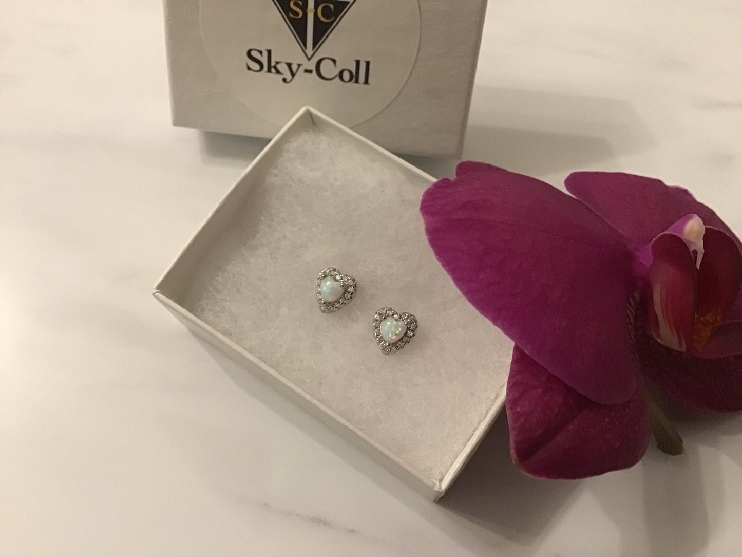Genuine 925 Sterling Silver Clear CZ and white Opal Heart Stud Earrings