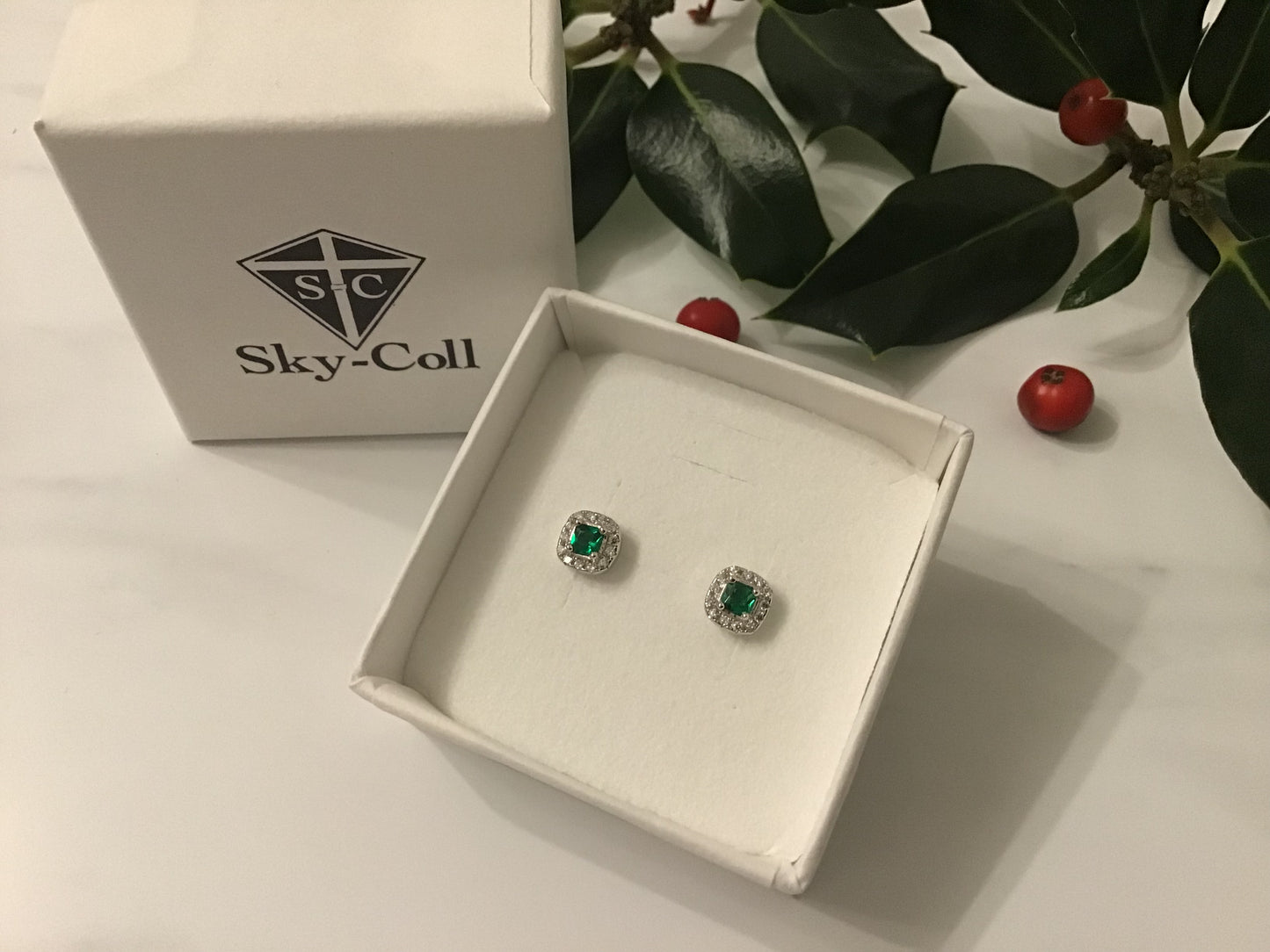 Genuine 925 Sterling Silver Emerald Square CZ Pair of Stud Earrings, 6mm
